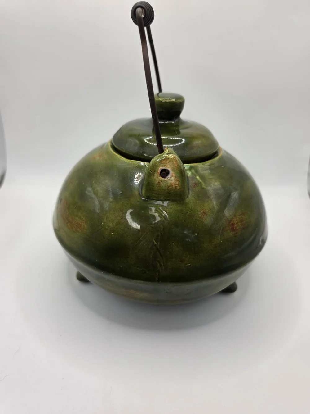 Vintage 1960s Glazed Ceramic Stoneware Teapot in Olive Green with Coil Wire Hand